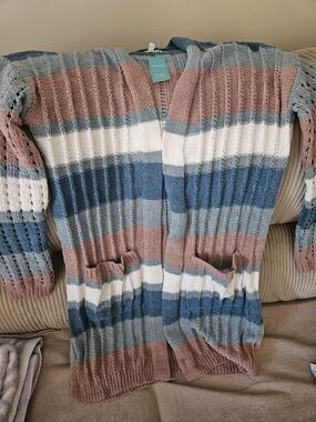 Striped Open Front Women's Chenille Cardigan Sweater - Blue, Tan & White